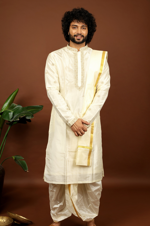 Lujo — Off-White Thread Embroidered Pattu Kurta Set