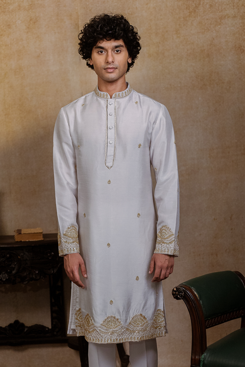 Mandala — Off-White Hand Embroidered Falling Raw Silk Kurta