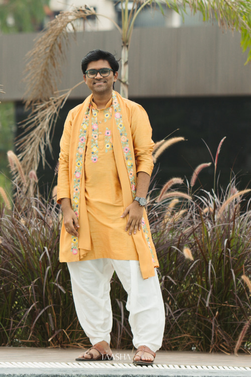 Sunlit Bloom Patiala — Mustard Hand Embroidered Silk Kurta Set