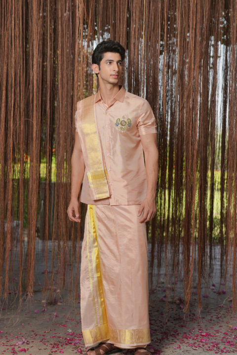 Ratna Kanjivaram — Blush Hand Embroidered Kanjivaram Pattu Silk Shirt & Lungi Set