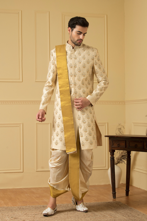 Esplendor — Off White Gold Hand Embroidered Dupion Silk Sherwani