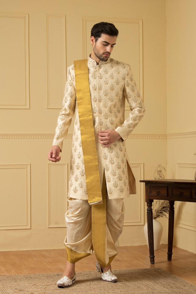 Esplendor — Off White Gold Hand Embroidered Dupion Silk Sherwani