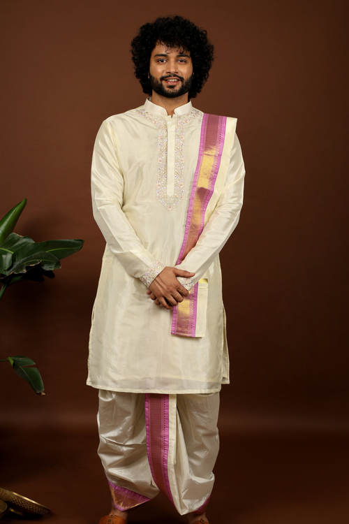 Rahn — Off-White Lavender Thread Embroidered Pattu Kurta Set