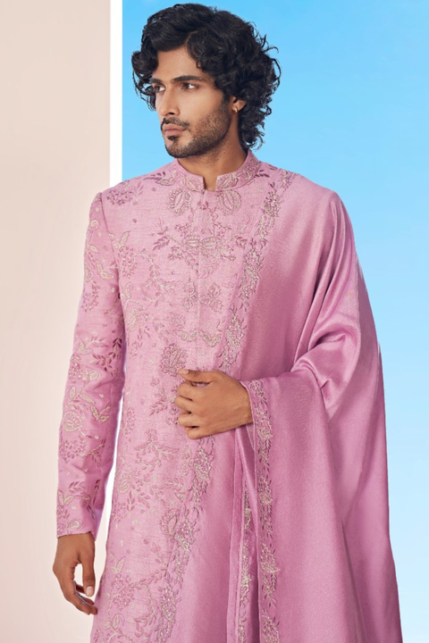 Velora — Mauve Pink Hand Embroidered Falling Raw Silk Sherwani