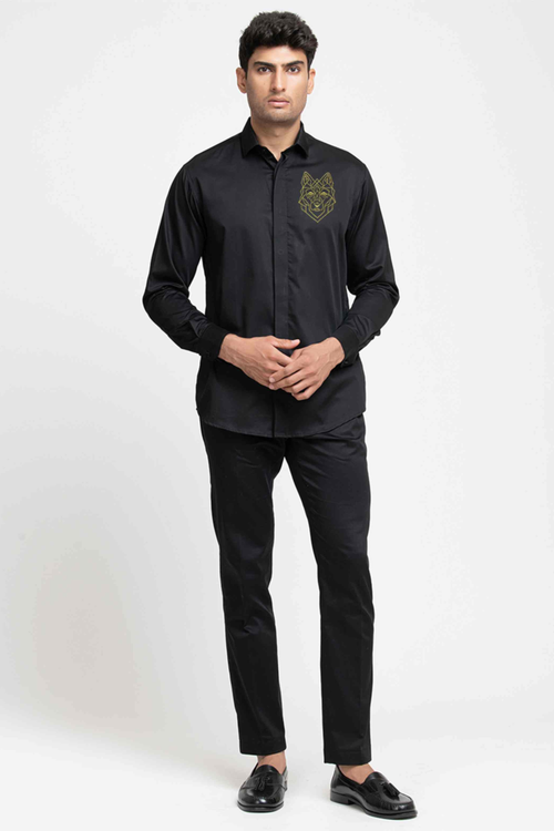 Perto Wolf — Black Wolf Embroidered Cotton Satin Shirt
