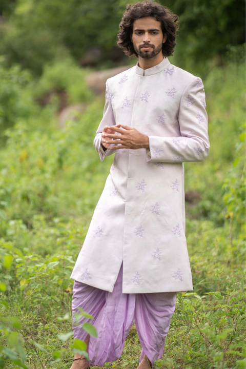 Lilac Majesty — Lilac Hand Embroidered Twill Silk Sherwani