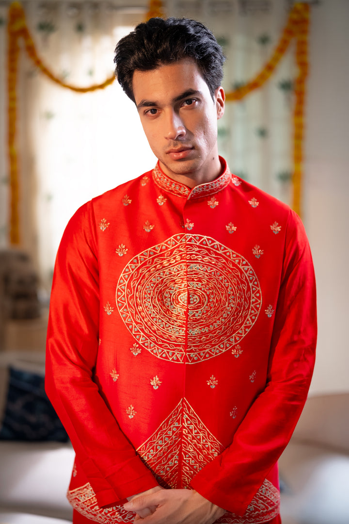 Rangrez — Red Hand Embroidered Falling Raw Silk Nehru Jacket Set