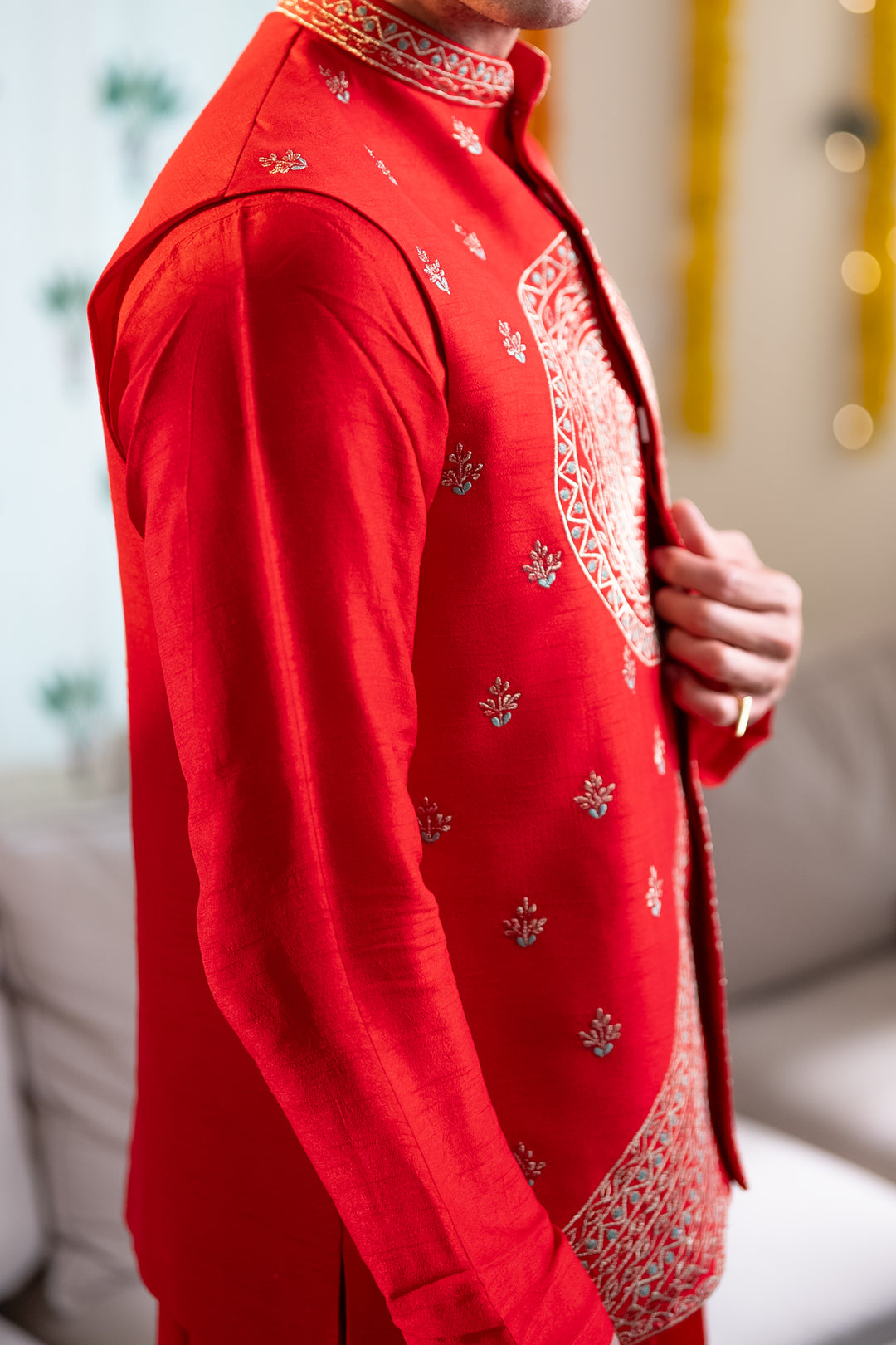 Rangrez — Red Hand Embroidered Falling Raw Silk Nehru Jacket Set