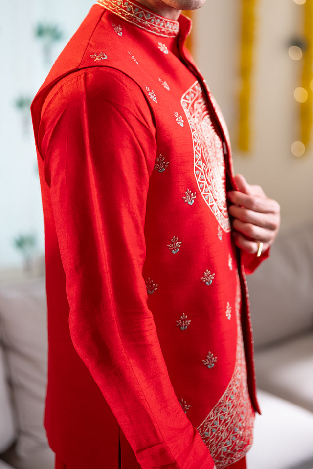 Rangrez — Red Thread Embroidered Falling Raw Silk Nehru Jacket Set