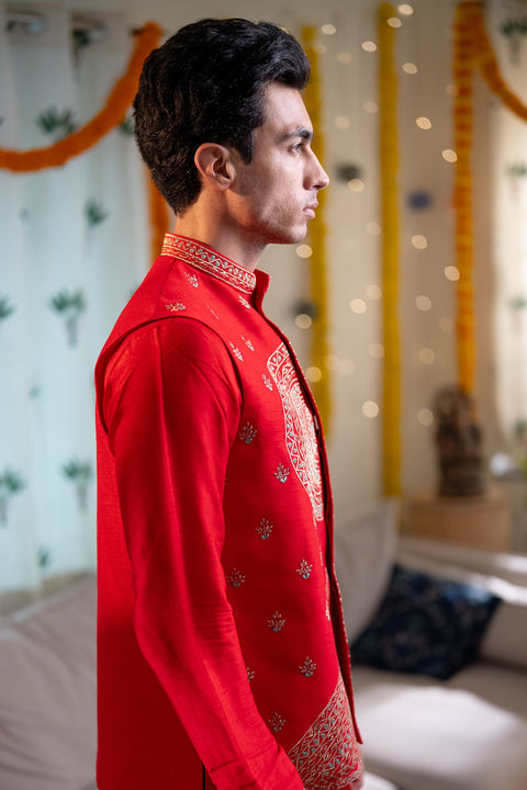 Rangrez — Red Hand Embroidered Falling Raw Silk Nehru Jacket Set
