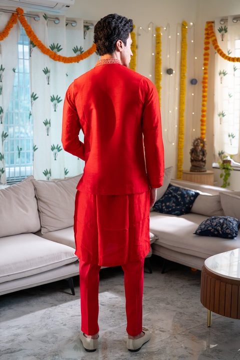 Rangrez — Red Hand Embroidered Falling Raw Silk Nehru Jacket Set