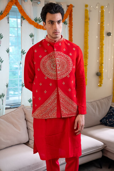 Rangrez — Red Hand Embroidered Falling Raw Silk Nehru Jacket Set