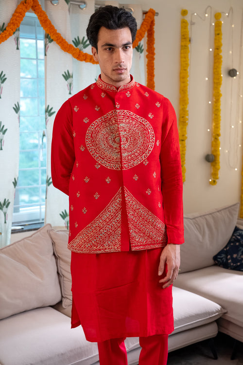 Rangrez — Red Hand Embroidered Falling Raw Silk Nehru Jacket Set