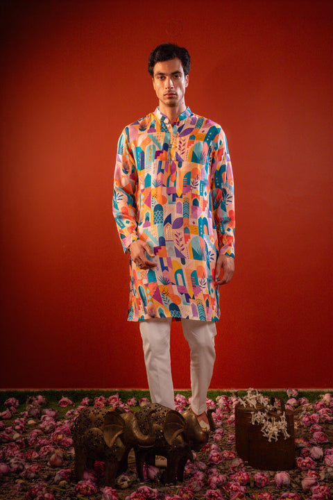 Sarang — Multi Color Printed Falling Raw Silk Kurta