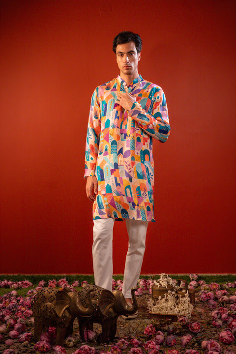 Sarang — Multi Color Printed Falling Raw Silk Kurta