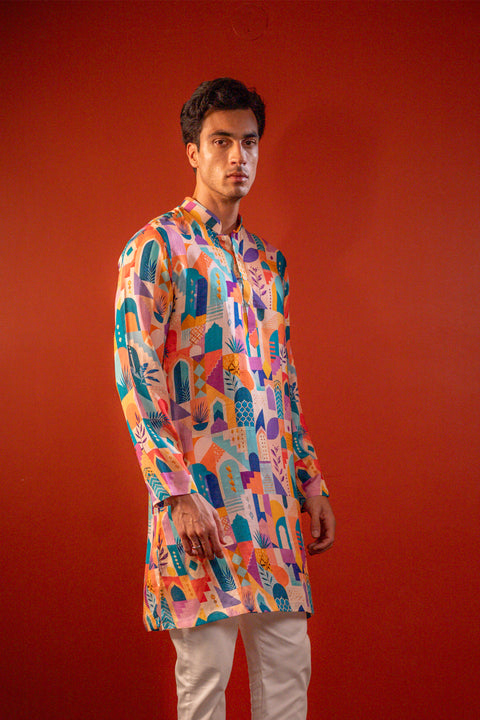 Sarang — Multi Color Printed Falling Raw Silk Kurta