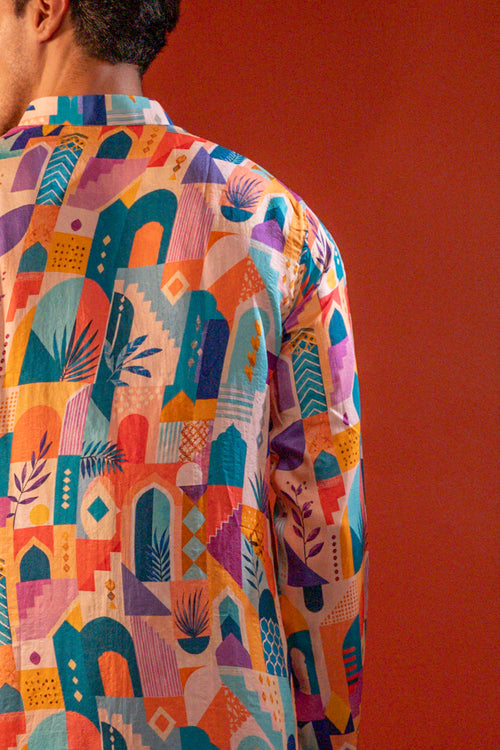 Sarang — Multi Color Printed Falling Raw Silk Kurta