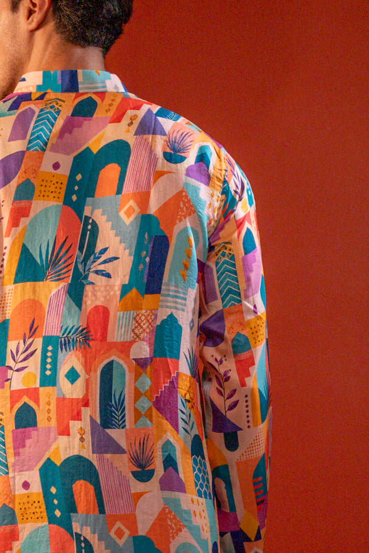 Sarang — Multi Color Printed Falling Raw Silk Kurta