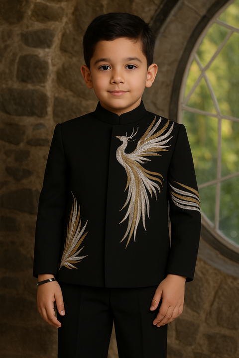 Little Firebird Party Suit — Black Premium British Suede Suiting Kids Bandhgala Set