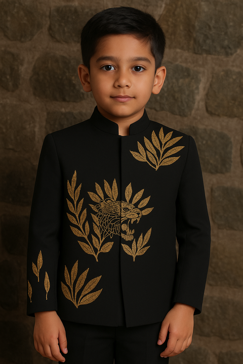 Golden Foliage Kids — Black Premium British Suede Suiting Kids Bandhgala Set