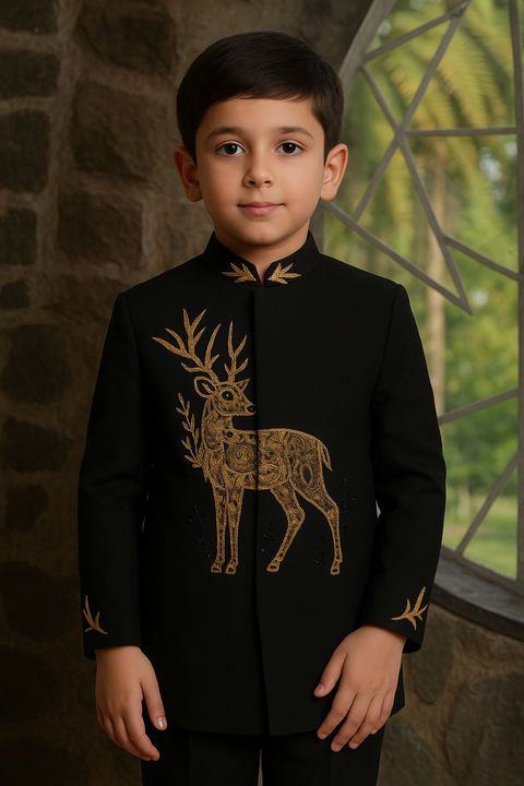 Little Stag Royale — Black Premium British Suede Suiting Kids Bandhgala Set