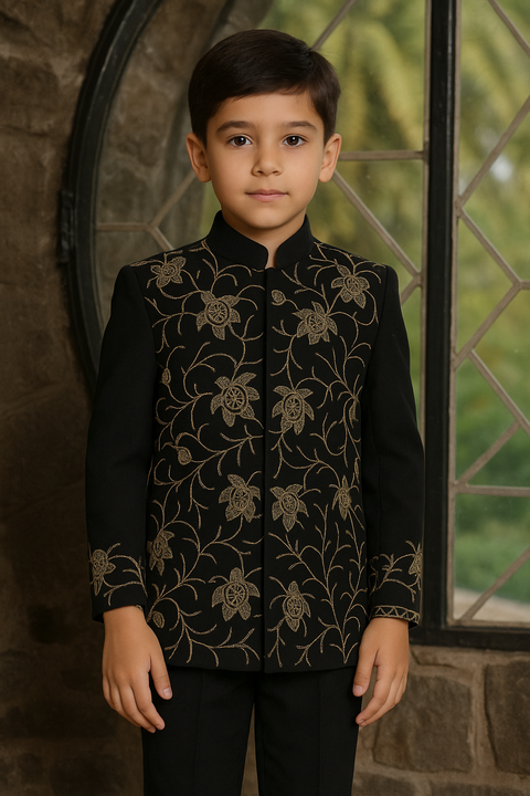 Little Explorer Turtle Suit — Black Premium British Suede Suiting Kids Bandhgala Set