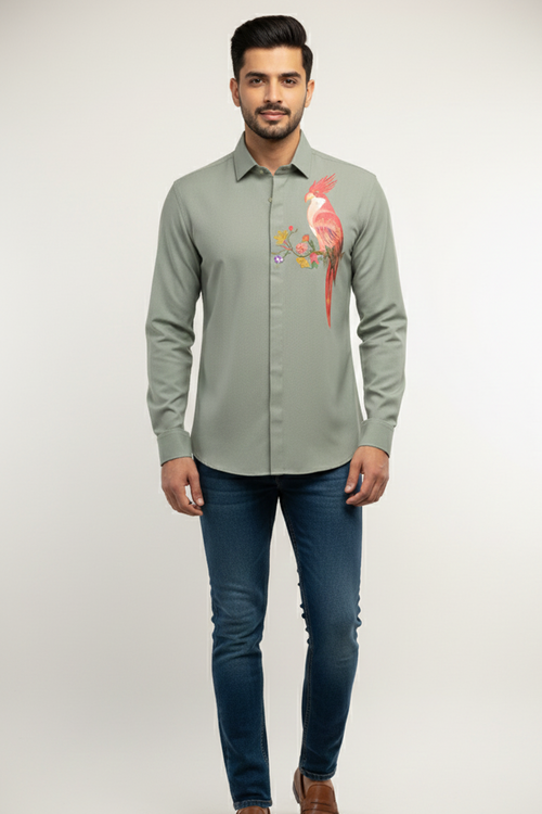 Verdant Muse — Olive Green Hand Painted 4-Way Stretch Urban Shirt