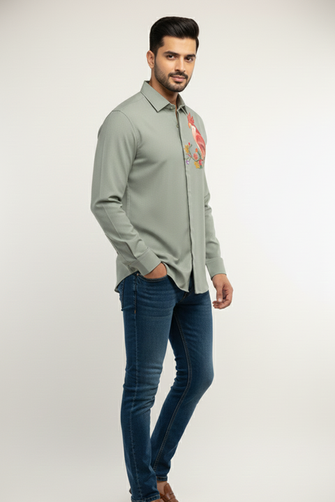 Verdant Muse — Olive Green Hand Painted 4-Way Stretch Urban Shirt
