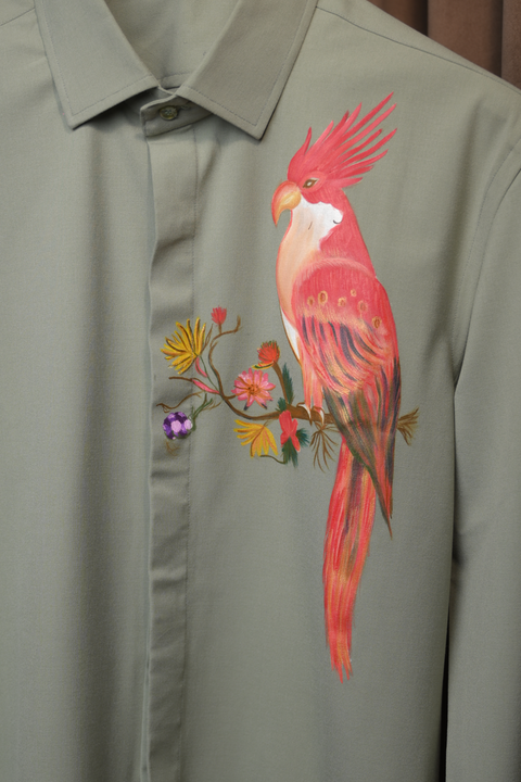 Verdant Muse — Olive Green Hand Painted 4-Way Stretch Urban Shirt