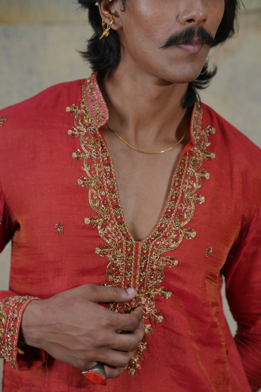 Atulya — Coral Red Hand Zari Embroidered Chanderi Tissue Silk Kurta