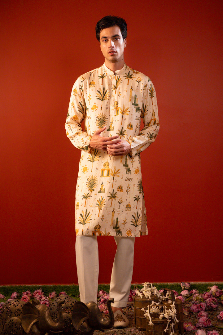 Varun— Cream Printed Falling Raw Silk Kurta