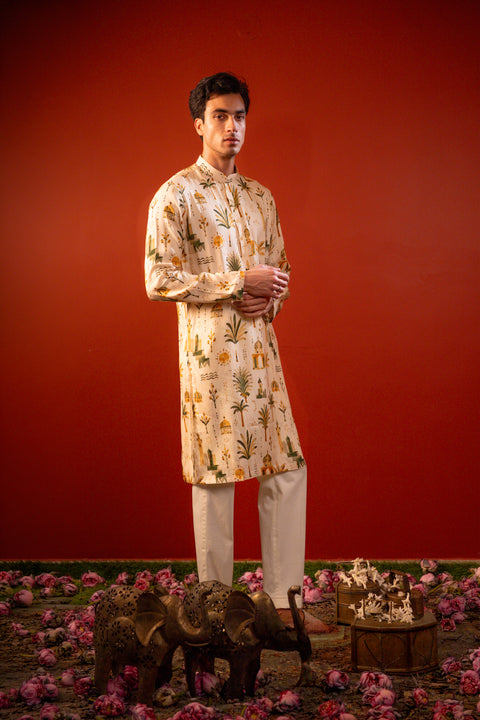 Vanya — Cream Printed Falling Raw Silk Kurta