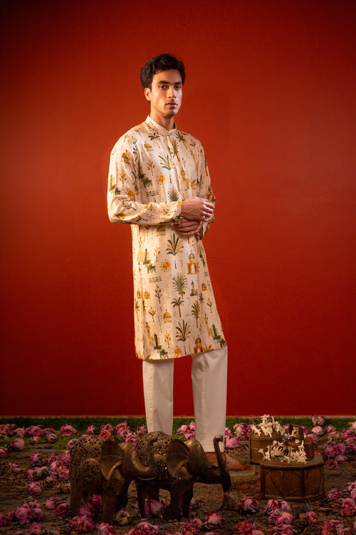 Varun— Cream Printed Falling Raw Silk Kurta