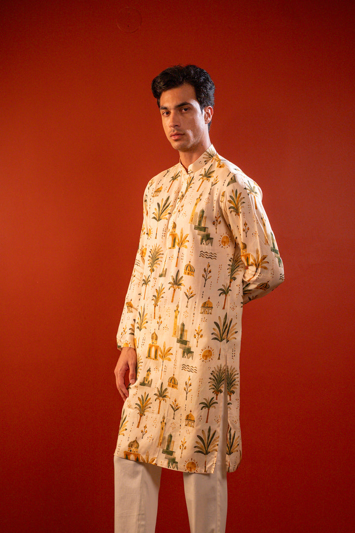 Varun— Cream Printed Falling Raw Silk Kurta