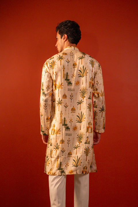 Varun— Cream Printed Falling Raw Silk Kurta