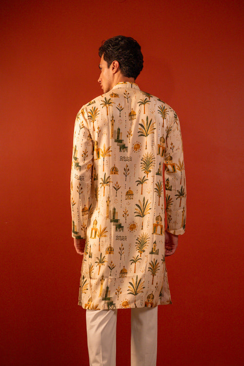 Varun— Cream Printed Falling Raw Silk Kurta