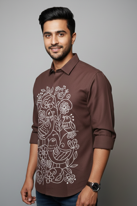 Coco Vine — Brown Pattern Cotton Blend Urban Shirt