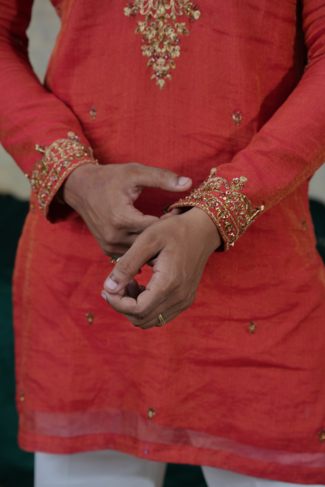 Atulya — Coral Red Hand Zari Embroidered Chanderi Tissue Silk Kurta