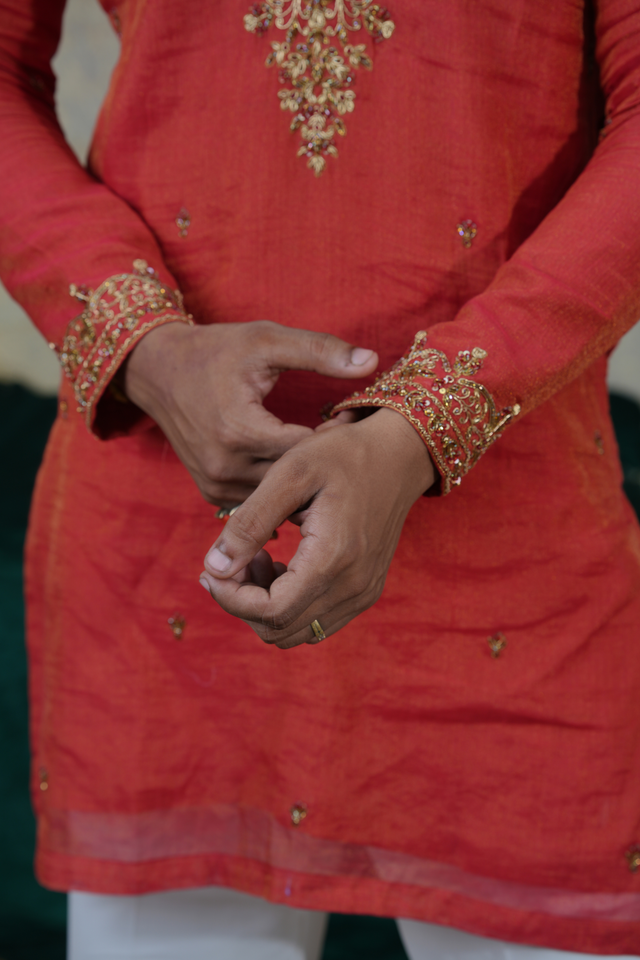 Atulya — Coral Red Hand Zari Embroidered Chanderi Tissue Silk Kurta