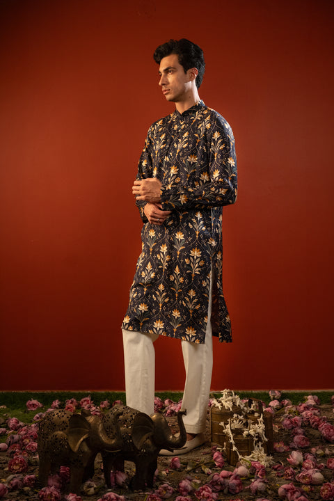 Kanjal — Midnight Blue Printed Falling Raw Silk Kurta