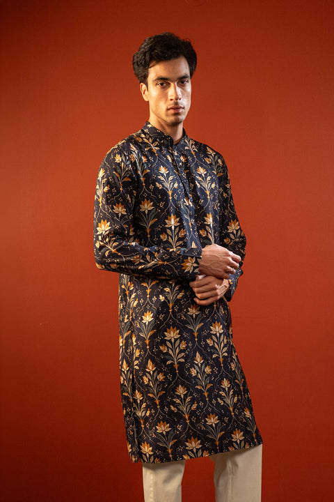 Kanjal — Midnight Blue Printed Falling Raw Silk Kurta