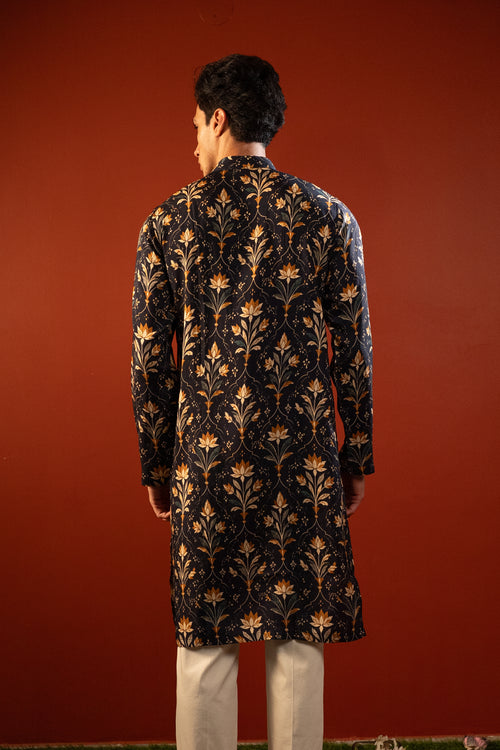 Kanjal — Midnight Blue Printed Falling Raw Silk Kurta