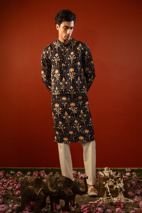 Kanjal — Midnight Blue Printed Falling Raw Silk Kurta