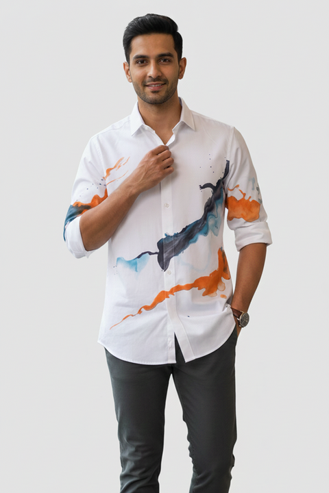 Inkrush — White Hand Painted 4-Way Stretch Urban Shirt