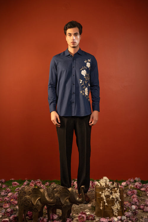 Nocturne — Navy Hand Embroidered Cotton Flex Shirt