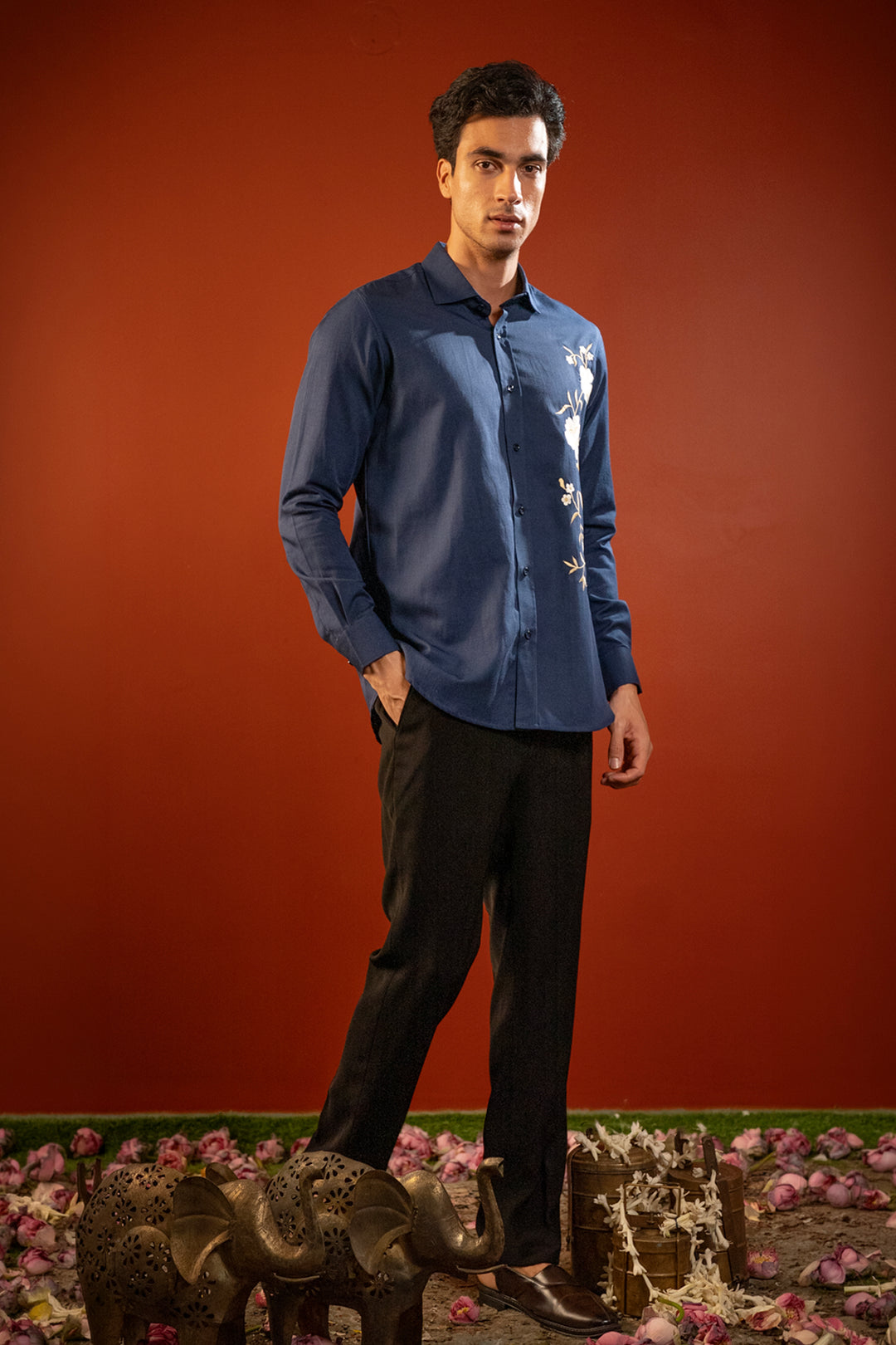 Nocturne — Navy Hand Embroidered Cotton Flex Shirt
