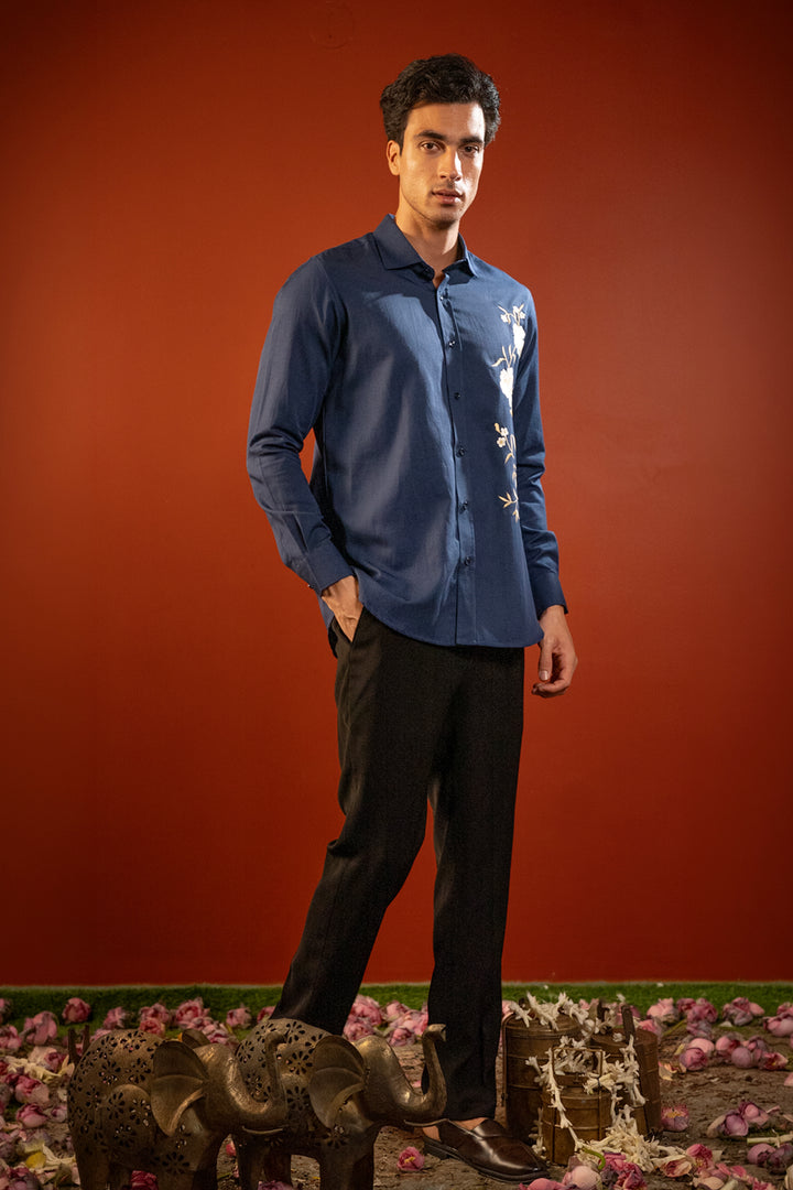 Nocturne — Navy Hand Embroidered Cotton Flex Shirt
