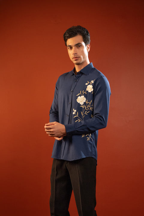 Nocturne — Navy Hand Embroidered Cotton Flex Shirt