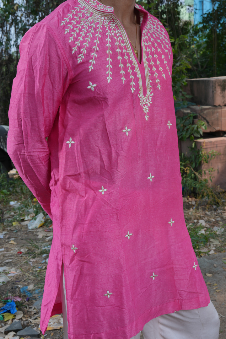 Guleri — Rani Pink Thread Embroidered Falling Raw Silk Kurta