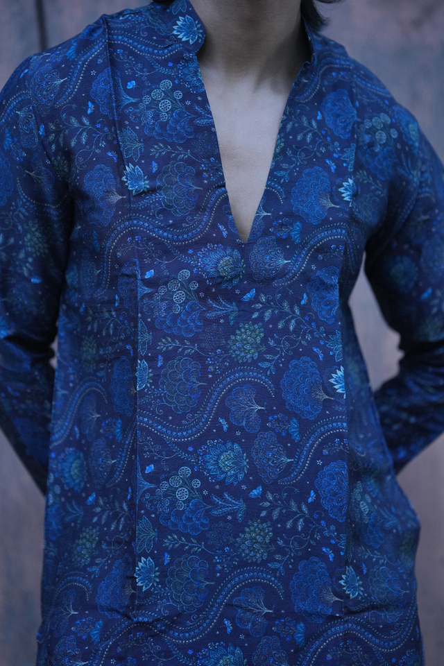 Neelvan — Midnight Blue Mughal Garden Printed Falling Raw Silk Kurta